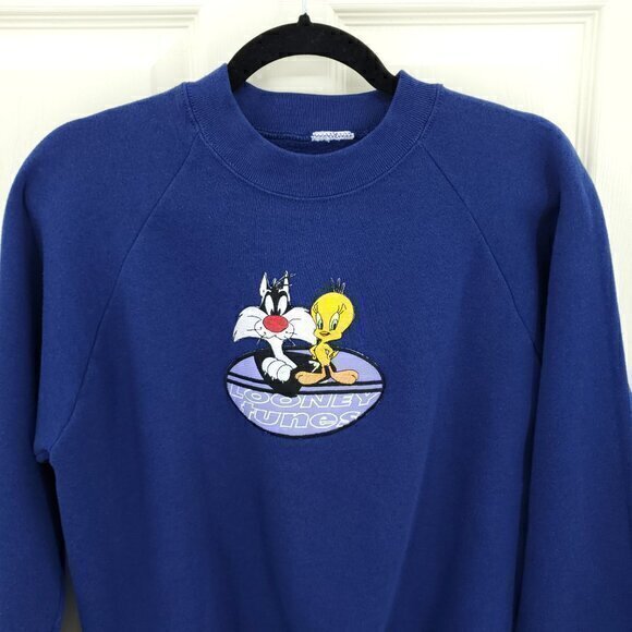 VTG 90s Embroidered Looney Tunes Crew Neck Sweatshirt NS Navy Blue - Picture 4 of 15